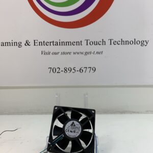 A Cooling FAN, DELTA brand, AXIAL, BALL BEARING, 12VDC, 2.28W, .41A, 42.02 CFM, 3600 RPM, 80 X 80 X 25.4MM product in front of a sign that says learning & entertainment technology.