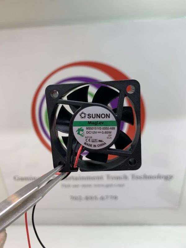 A person is holding a Cooling Fan, Sunon brand- Part #MB50151V2-000U-A99,12V x .65w, 2 wire in front of a logo.