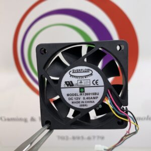 A Cooling Fan (Everflow Brand. 12v x .40A Fan. 60x60x15mm Everflow PN: R126015BU) with a wire attached to it.