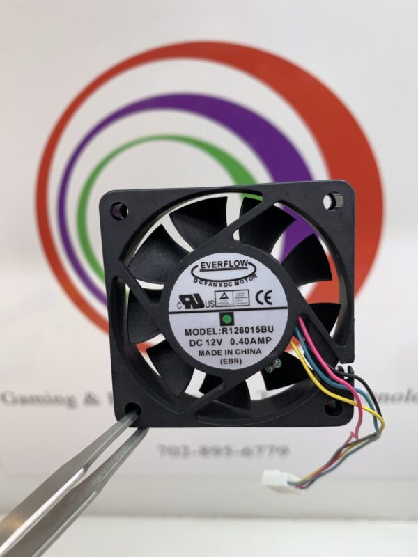 A Cooling Fan (Everflow Brand. 12v x .40A Fan. 60x60x15mm Everflow PN: R126015BU) with a wire attached to it.