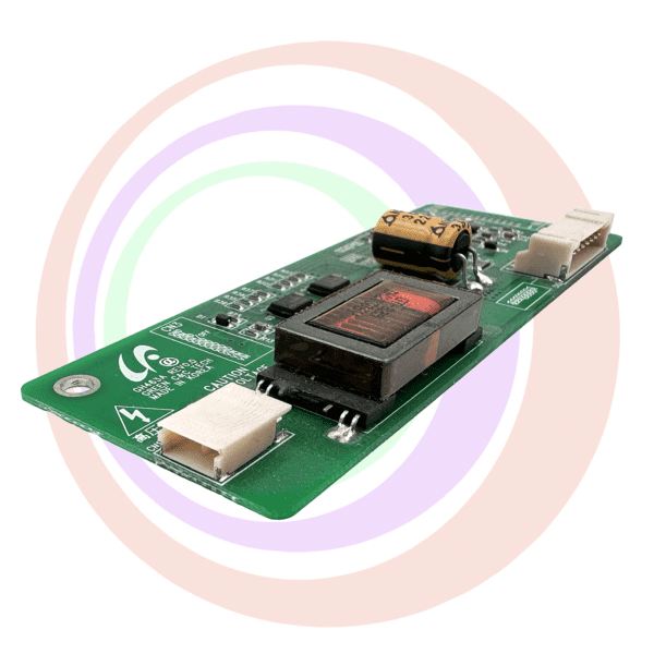 Green circuit board with components.