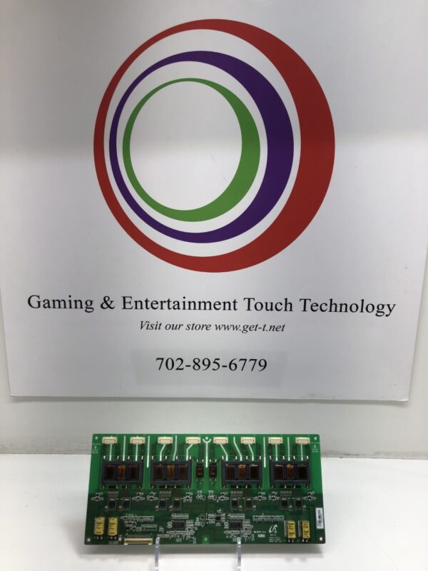 A gaming and entertainment technology board in front of an Inverter for 22" IGT MLD Games, Others. Fits Kortek/ Tovis. Original Monitor #GH218A. Part G9090323AA sign.