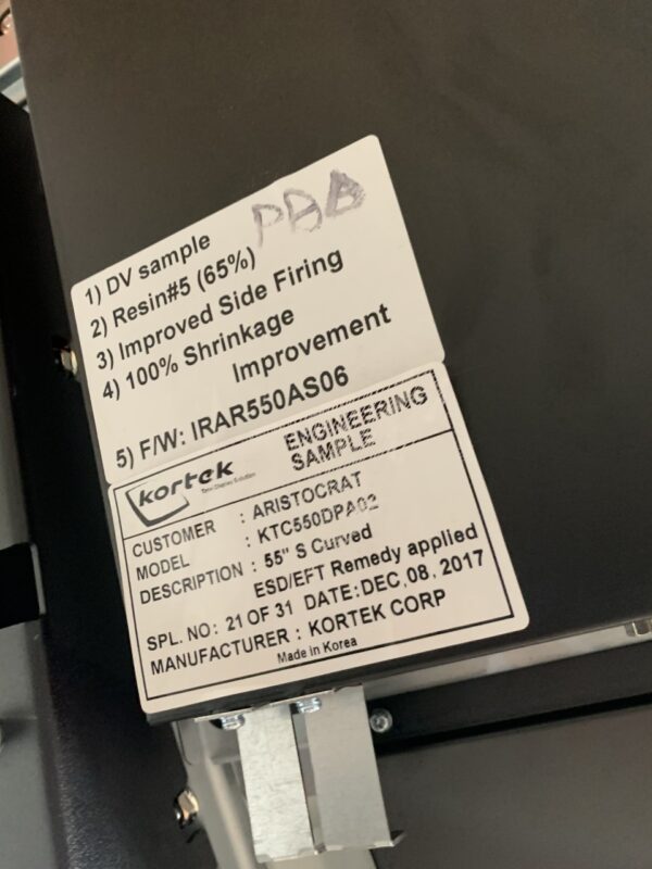 A label on the side of a LCD Touch Monitor, 55" Curved Monitor, Kortek Brand. Fits Aristocrat Helix XT games with 55" Touch Monitor. GETT Part LCDM296.