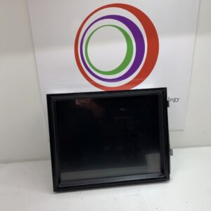 A black LCD Touch Monitor with a circular logo on it.