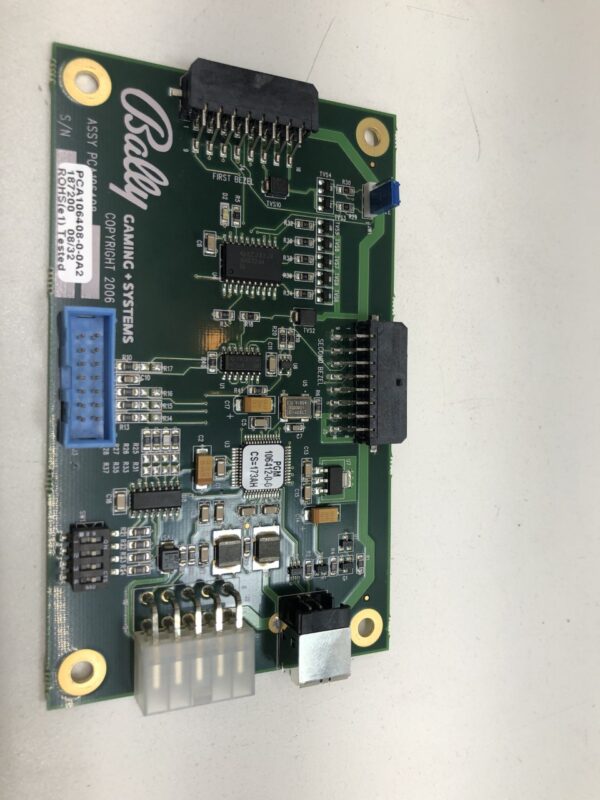 A Bally PCBA USB Bezel gadget, UPSD ROHS PCA (106408-0). GETT Part PCBA101 with a chip on it.