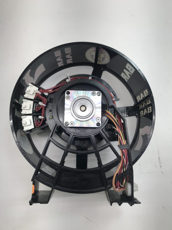 A black Reel Assembly for IGT AVP Game with wires attached to it.