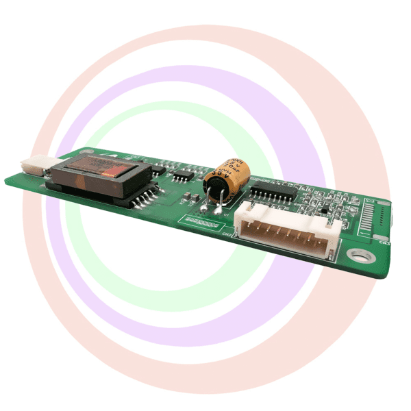 Green circuit board with components and connector.