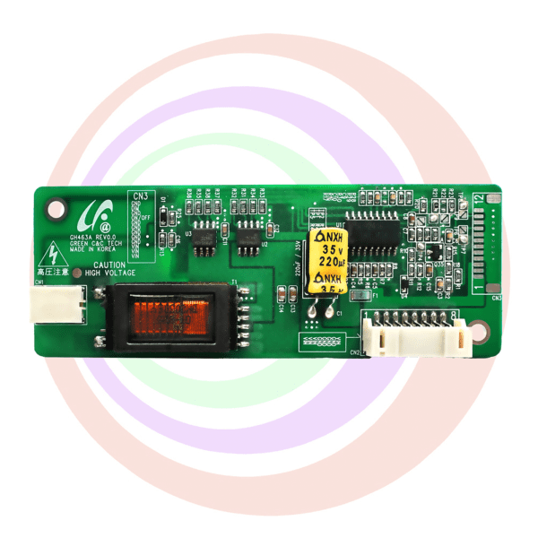 Green circuit board with high voltage warning.