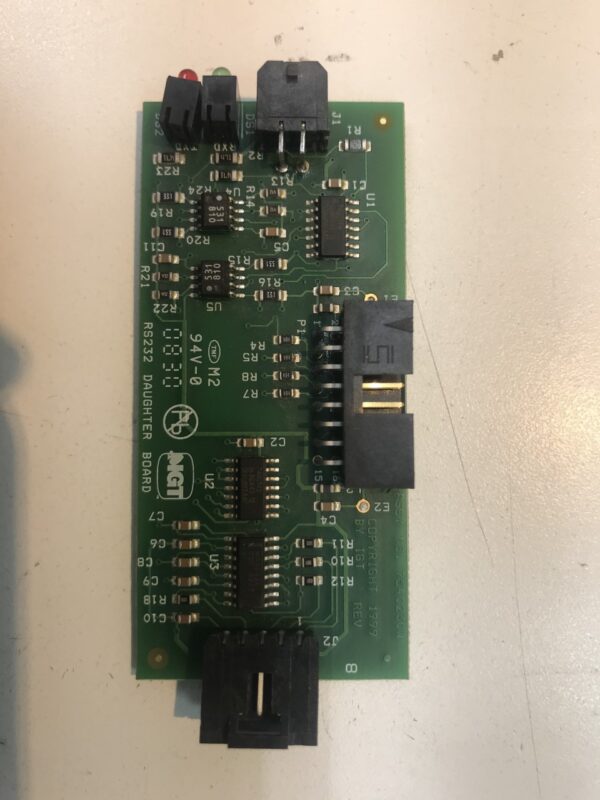 A green IGT PCB RS232 Daughter Board with a number of electronic components on it, - IGT Part 75402300. GETT Part DB104.