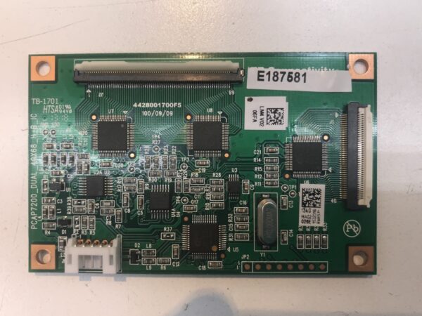A green PCAP Touch Controller for use with IGT Crystal Core LCD Touch Monitors using PCAP ELO Brand - ELO Part # E187581 GETT Part ELOTC101 with a number of components on it.