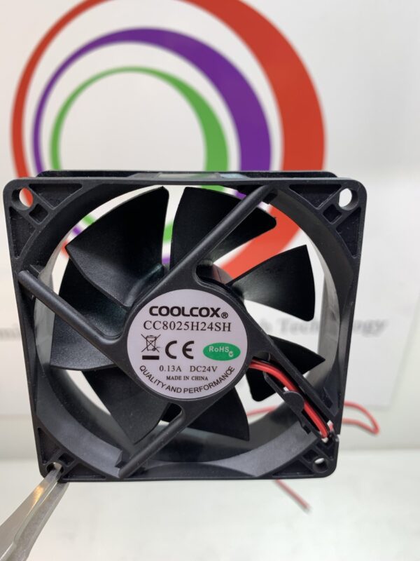 A Cooling Fan, CoolCox Brand Part # CC8025H24SH, 80X80X25MM, 2800RPM,BALL BEARING,24V .13amp,2-WIRE NO-CONNECTOR fan with a wire attached to it.