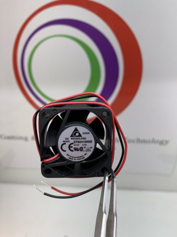 A small Cooling Fan, Delta Brand- Delta Part # EFB0412HHD with a logo on it.