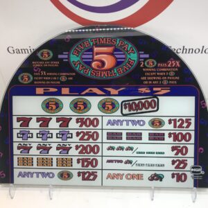 A slot machine with the IGT Double Diamond Belly Glass. 20.25" x 9.5". GETT Part BellyGlass100 on it.