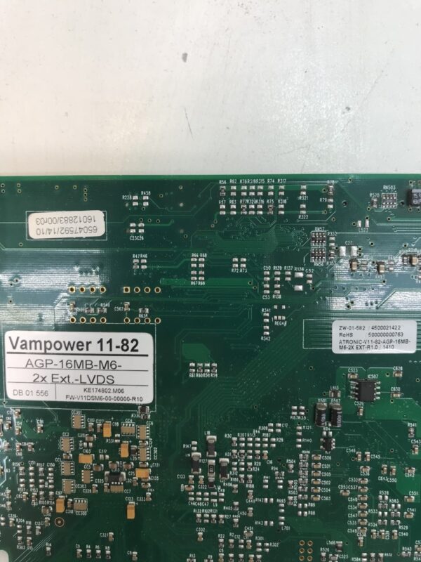A circuit board with an Atronic eMotion Slot Machine Vampower 11-82 Dual Video Graphic Board 16MB. Part # SX430L1024JES. GETT Part # VCard141 chip on it.