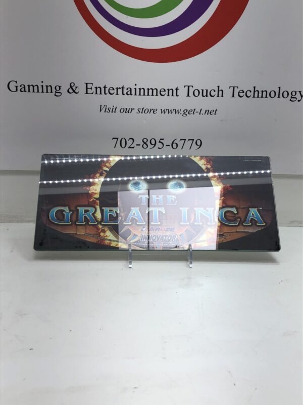 A sign with the word Belly Glass for Aruze Innovator Game "Great Inca". 15" x 6.5". GETT Part BellyGlass121 on it.