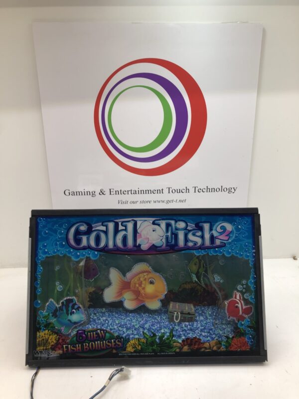 A WMS BBII Gold Fish 2 Top Box game is displayed in front of a sign.
