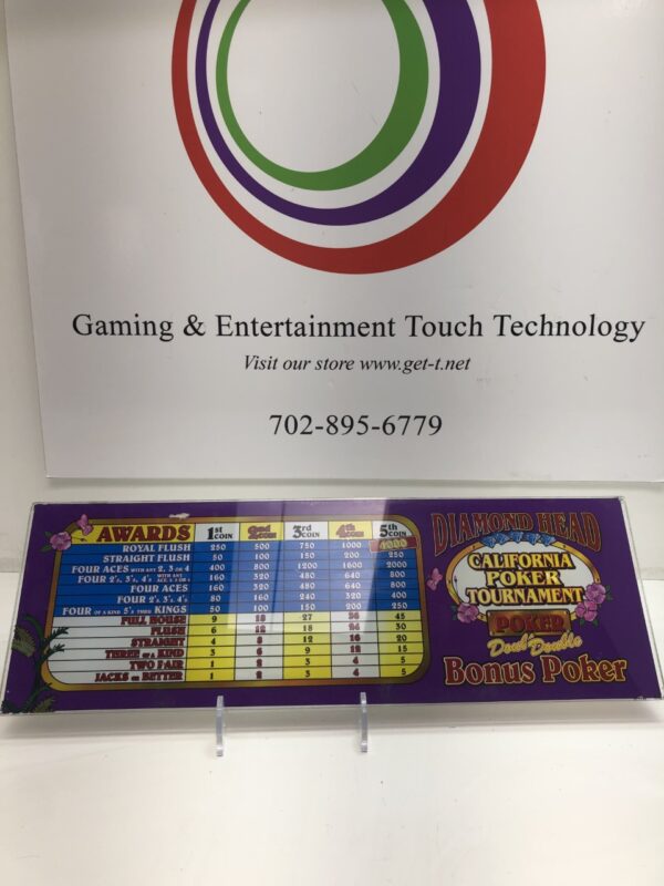 A sign for Top Glass for IGT 9" Poker Game. Custom Top Glass from California Hotel and Casino. Great Souvenir Piece. GETT Part TopGlass130 touch technology.