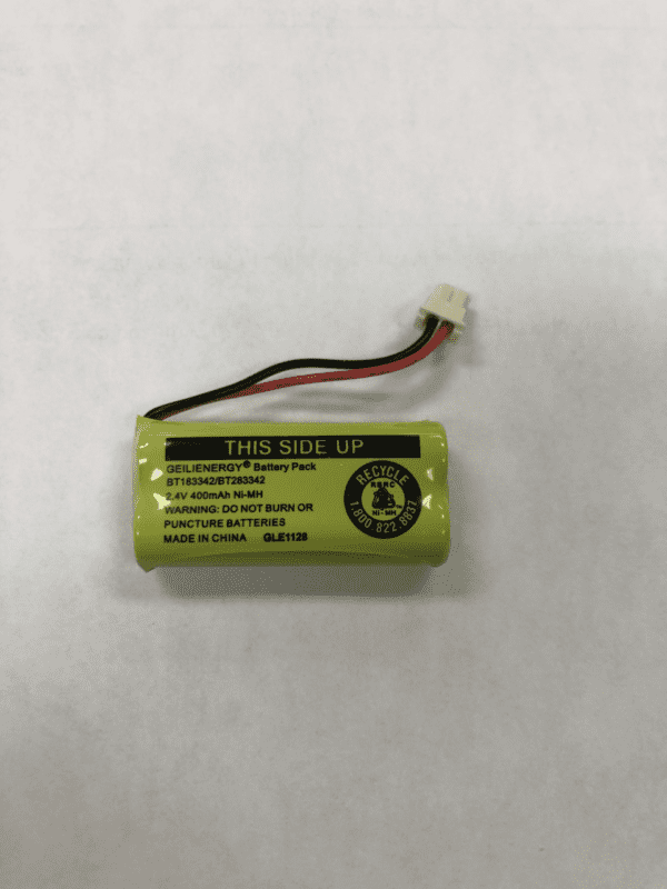 A 2.4v 400mah Geilienergy BT183342 BT283342 BT166342 telltail battery 2pc. pack on a white surface.