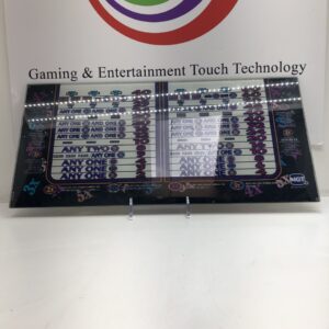 A Belly Glass for IGT S2000 Game, 5x Pay- Split Paytable. Specialty Glass. GETT Part BellyGlass129 logo is displayed on a table.