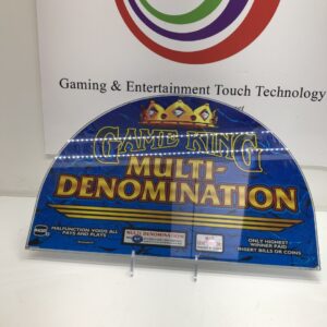 A sign with the IGT Game King Top Glass for Round Top IGT Games. Multi Denomination Game King BLUE. GETT Part TopGlass134 on it.