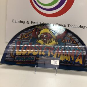 A sign with the product name "IGT S2000/ Game King, Round Top Glass. Lucky Larry Lobstermania. GETT Part TopGlass135" on it.
