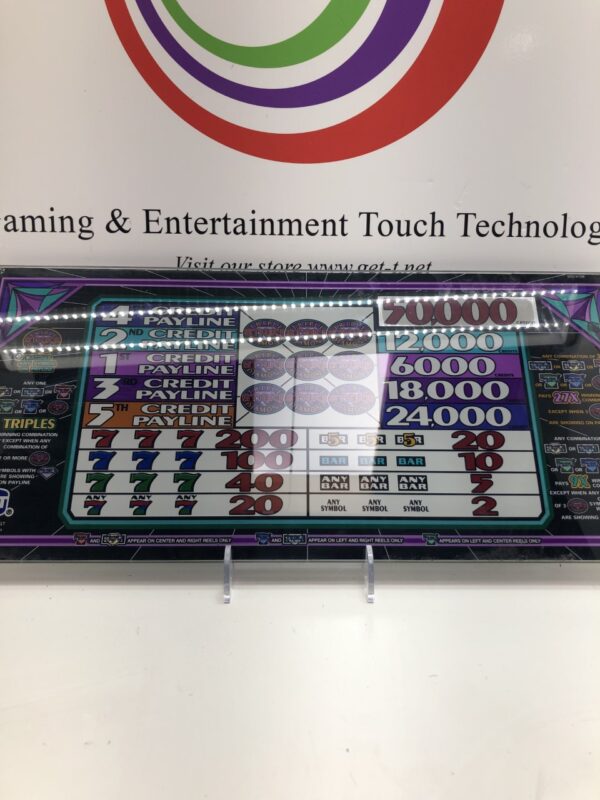 A gaming and entertainment technology IGT S2000 Triple Diamond 5 Coin PayTable Top Glass with 50,000 Coin Insert in Top Award slot machine. GETT Part TopGlass139.