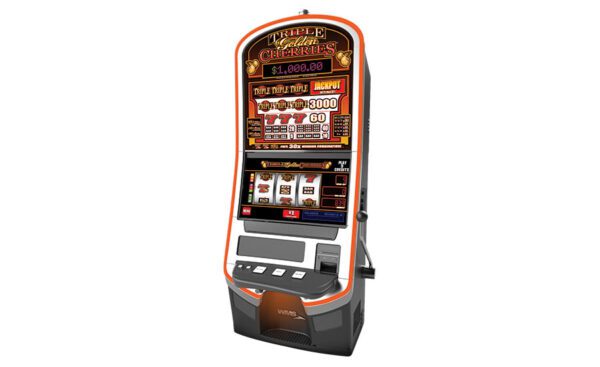 A slot machine with the TopGlass for WMS BBI. Progressive Meter included. Triple Golden Cherries GETT Part TopGlass137 background.