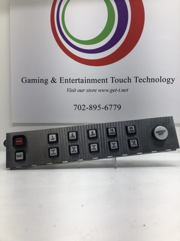 WMS BBI, Static Button Deck. Full Chrome Deck with 12 square push buttons and 1 round Repeat Bet button. GETT Part BP151 is the gaming & entertainment technology control panel mentioned in the sentence above.