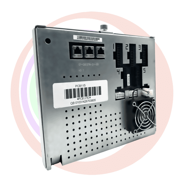 PCB board with ethernet ports and fan.