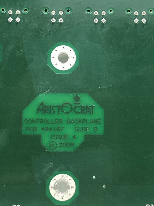 A close up of a green Backplane for use with Aristocrat MK5 games, Others. Aristocrat Part 494168. Refurbished Part- Tested, ready to GETT your game back to work. GETT Part BPLN239 pcb board.