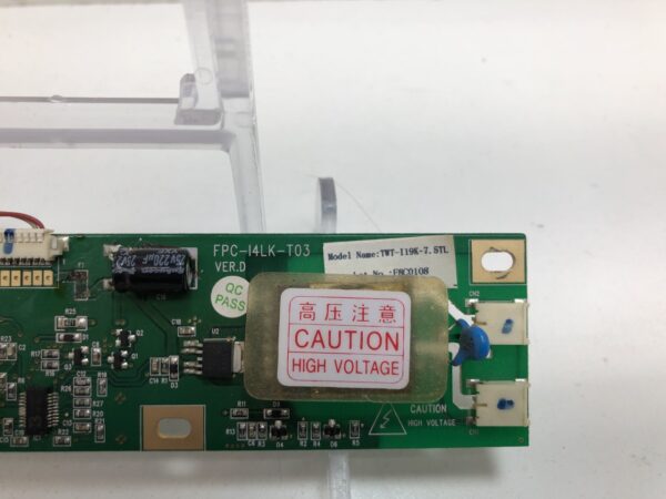 An Inverter for LCD. 2 Lamp inverter, Generic Part. Part #FPC-14LK-T03. GETT Part INVT302 with a warning label on it