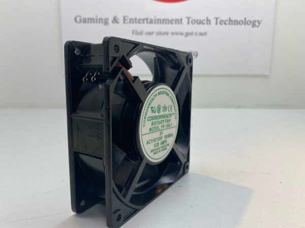 A 120V x .20 Amp. Commonwealth Part FP-108-1 120V 18W Cooling Axial Fan NEW with a logo on it.
