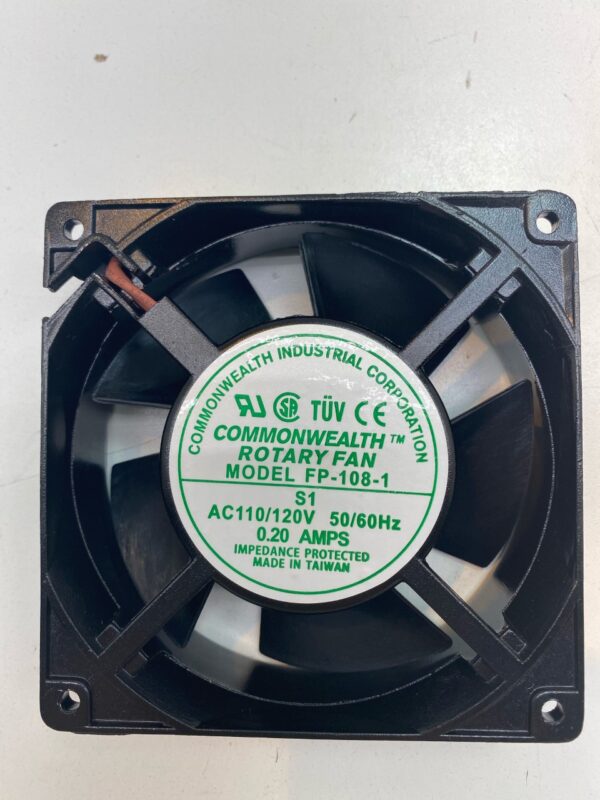 A 120V x .20 Amp. Commonwealth Part FP-108-1 120V 18W Cooling Axial Fan NEW on a white surface.