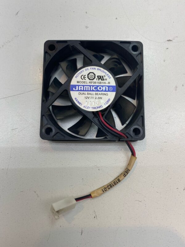 A 12V x 2.3W Cooling Fan. Jamicon Part KF0615B1H-R. 2 Wire with Connector. GETT Part Fan253 on a white surface.