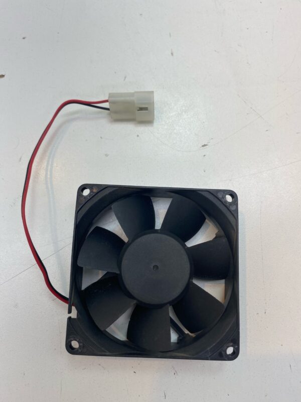 A small 24V x 1.8W Cooling Fan with wires attached to it. Sunon Brand, Sunon Part KD2408PTB1. 2-Wire with Connector. GETT254.