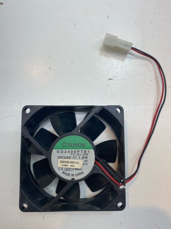 A small Sunon 24V x 1.8W Cooling Fan with wires attached to it.
