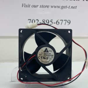A 24V x .27A Cooling Fan with wires attached to it.
