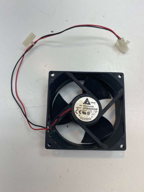 A 24V x .27A Cooling Fan with wires attached to it, Delta brand, Delta Part EFB0924VHF. 2-Wire Fan with Connector. GETT Part Fan255.