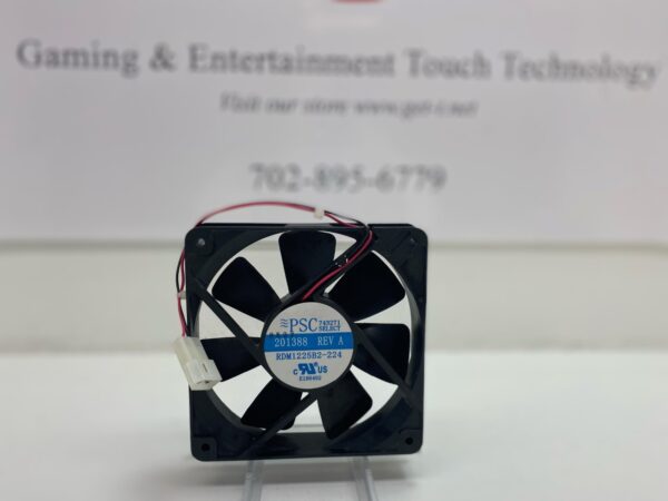 A small 12V x .22A Large Cooling Fan with a logo on it.