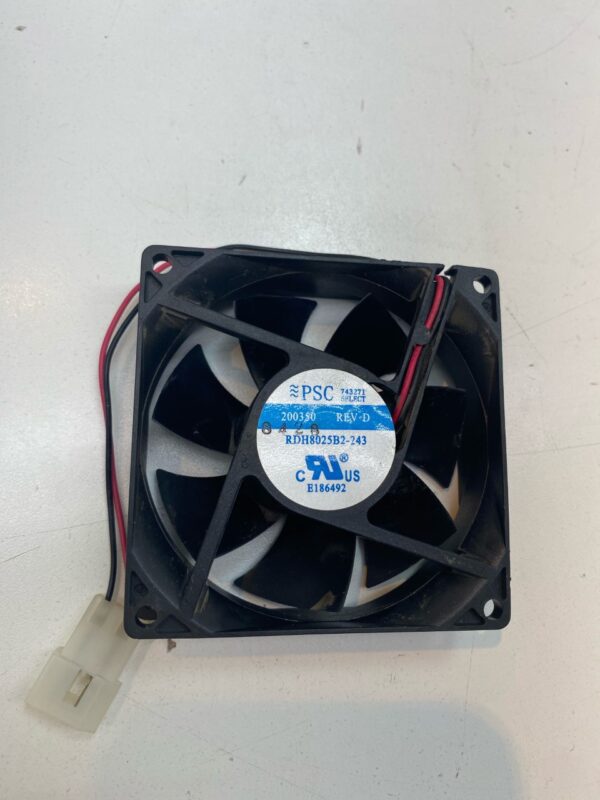 A 24V x .15A Cooling Fan on a white surface.