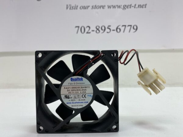 A 12V x .25A Cooling Fan with a wire attached to it called the Qualtek Fan Part FAD1-08025CBHW11.