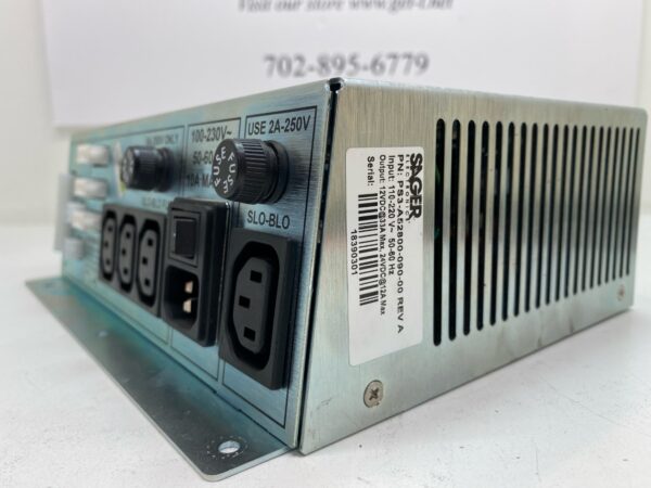 A Sager Power Supply with a label on it. Fits Everi Games Part # PS3-A52800-090-00. GETT Part PSUP211.