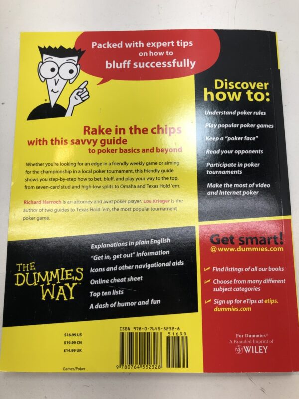 The Poker For Dummies Paperback way back cover.