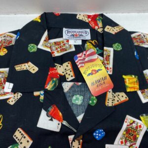 A black Las Vegas Lucky Shirt for Men- XL with playing cards on it. GETT Part CQC100.