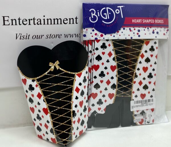 A Las Vegas Party Favor Box SIZE 8 inches high x 6.25 inches wide at the top x 3 inch square base with a black and white card and a red and white card. GETT Part CQD100