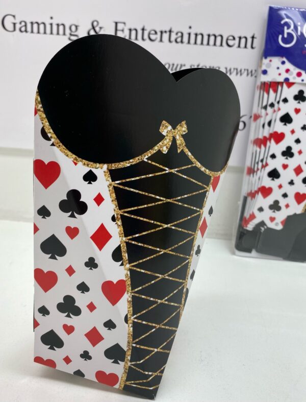 Las Vegas Party Favor Boxes SIZE 8 inches high x 6.25 inches wide at the top x 3 inch square base with a queen of spades on it. GETT Part CQD100