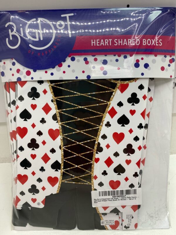 Las Vegas Party Favor Boxes SIZE 8 inches high x 6.25 inches wide at the top x 3 inch square base. GETT Part CQD100 dot heart shaped boxes.