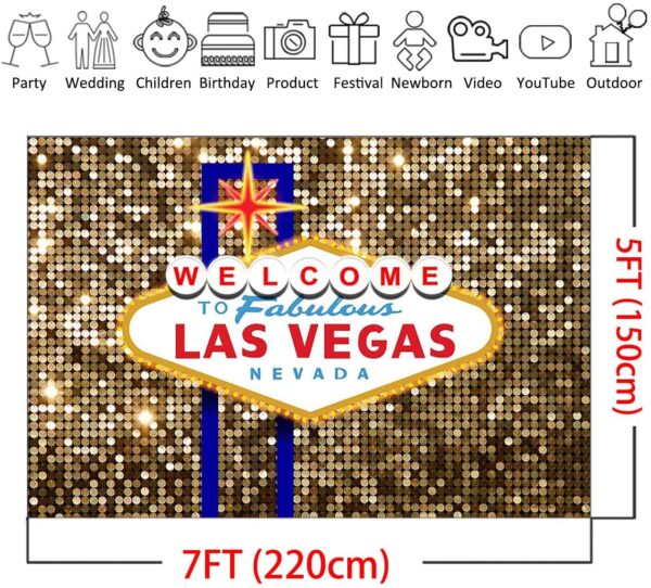 The Las Vegas Backdrop 7x5ft Welcome to Fabulous Las Vegas Birthday Photo Backdrops Casino City Night Poker Photography Studio Background is shown on a gold glitter background.