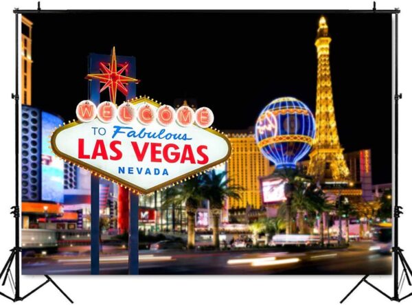 Welcome to Las Vegas Backdrop Casino City Night Scenery Background 7x5ft Vinyl Billboard Banner Themed Party Decoration Backdrops at night.