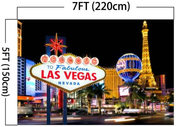The Welcome to Las Vegas Backdrop Casino City Night Scenery Background 7x5ft Vinyl Billboard Banner Themed Party Decoration Backdrops GETT Part CQD103 at night.